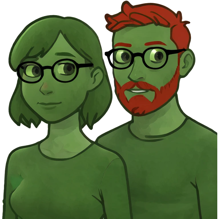 Brunette girl, with brown round glasses, and freckles and pale man with dirty blonde hair, freckles, blue eyes, and red beard. emoji