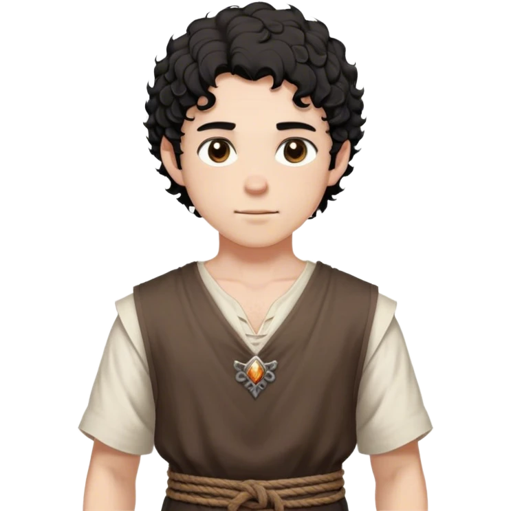 medieval summer outfit worn by a DnD themed fantasy male character. basic sleeveless cotton tunic with a V-shaped neckline and a thin rope belt. clothes only above the waist. The clothes full waist. The character's haven't arms. character is white-skinned, black hair, brown eyes, short curly hair. emoji