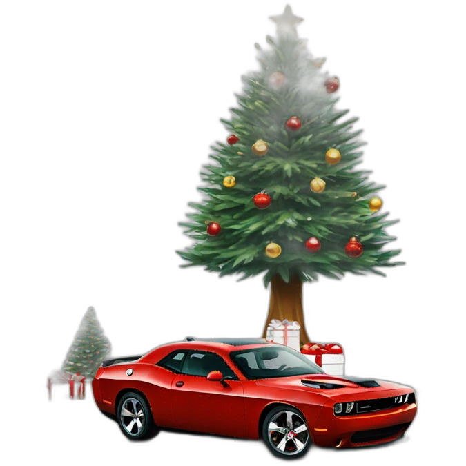 New Year beautiful Christmas tree and Dodge challenger SRT emoji