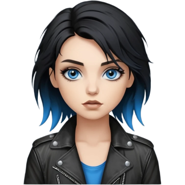 
 rockstar girl with black disheveled hair, blue eyes, Smokey eyes grunge makeup,  emoji