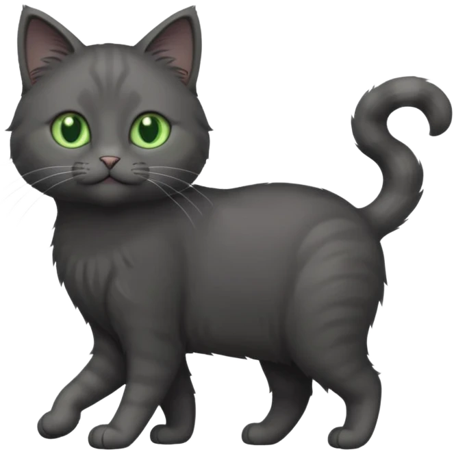full body solid dark grey cat with green eyes, white paws and white whiskers walking emoji