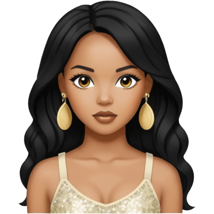 LeToya Luckett with long black hair, ivory sequin crop top, ivory earring emoji