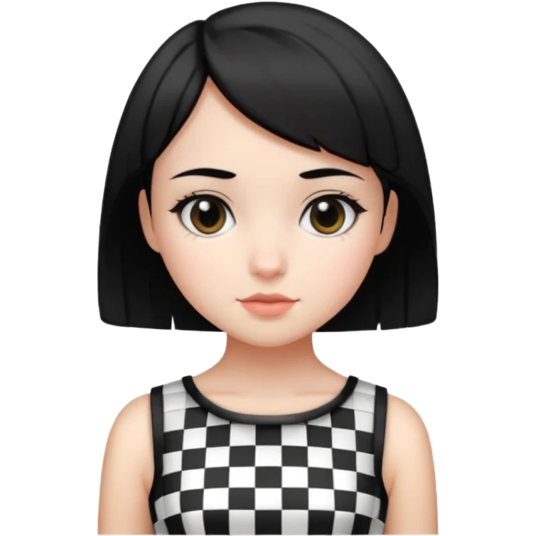 ایموجی دختری با پوست سفید و موهای کوتاه و چشمای مشکی با لباس شطرنجی سیاه و سفید emoji