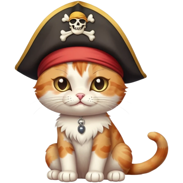 cat full body sitting, winking, wearing a pirate hat and eye patch emoji