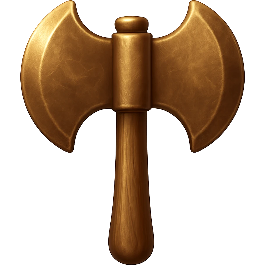 Change the texture of the axe to look more like real bronze metal, not diamond. Keep the axe's shape, but make it metallic, shiny, and worn in emoji style. Transparent background. emoji