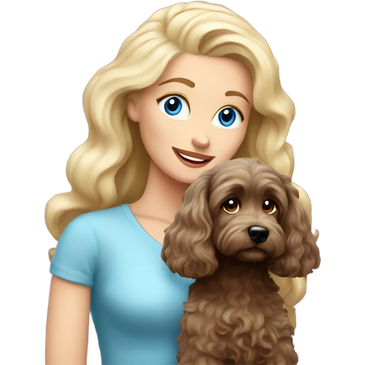 blue eyed old long haired blonde lady with dark brown Cockapoo puppy dog emoji