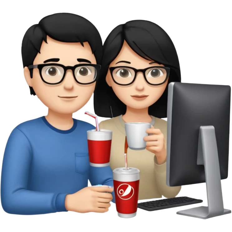 Hombre blanco con gafas, pelo negro tomando un refresco frente a un ordenador con ropa de sport, se ve en la pantalla del ordenador una mujer rubia tomando café emoji