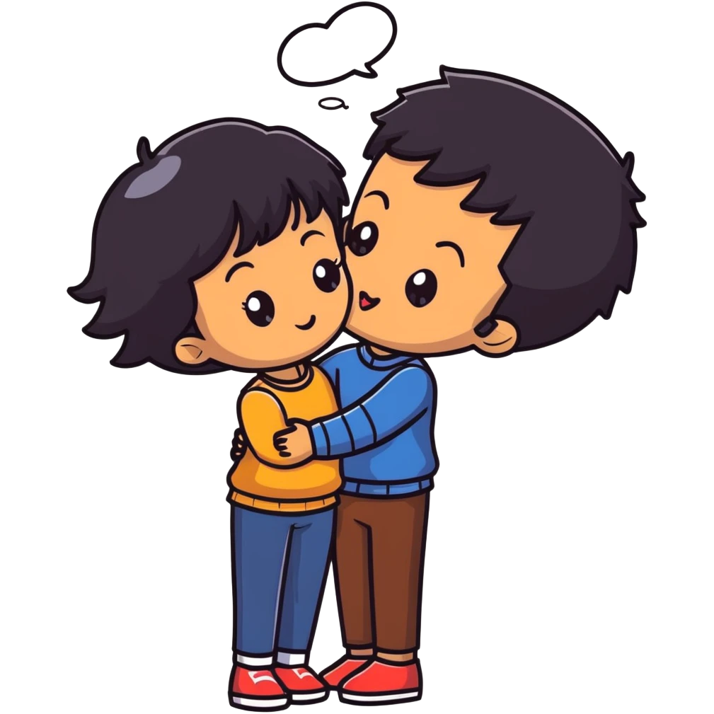 Black haired brown skinned boy kissing a black haired light skinned girl emoji