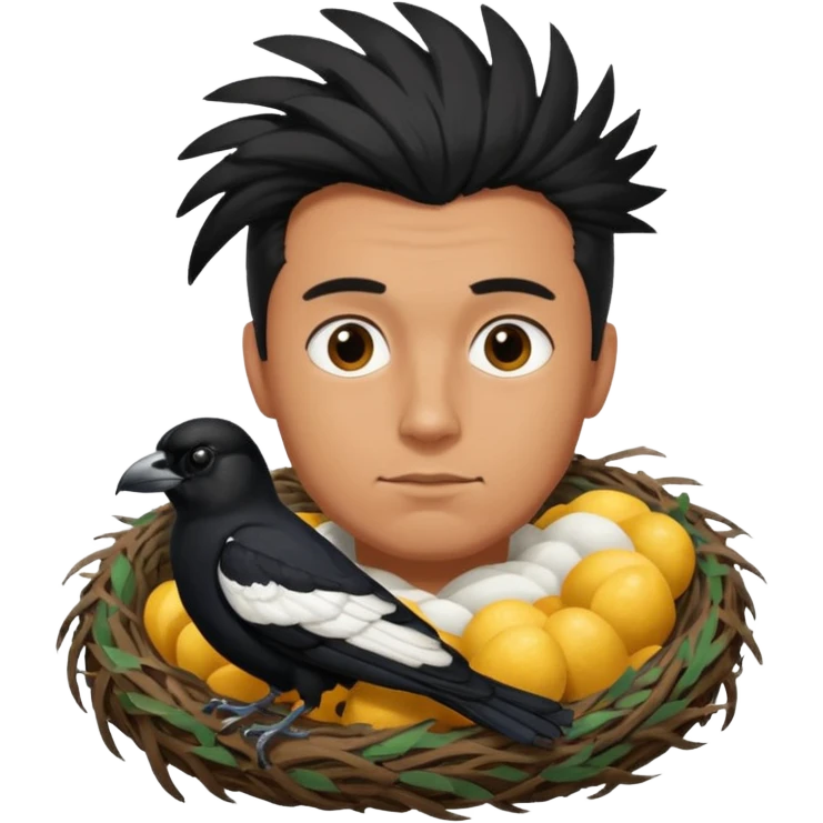 A man who has hair on the top of his head, that is actually an Australian Magpie, birds nest. emoji