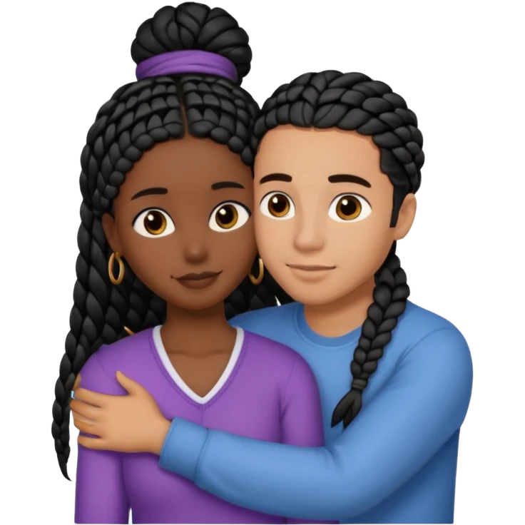 dark skin, black girl with black braids, hugging her middle eastern boyfriend with straight parted brown hair and light skin emoji