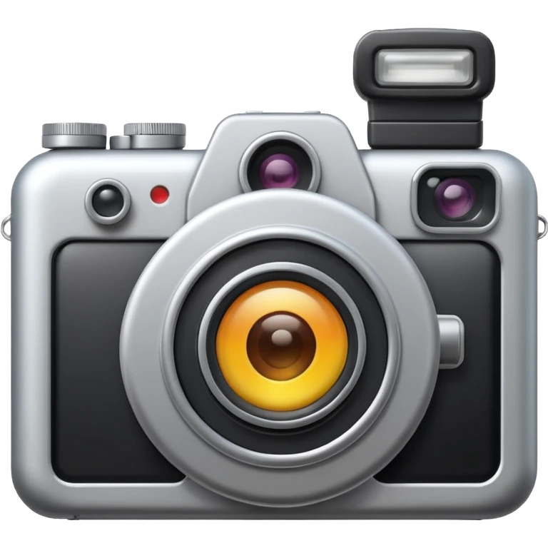 Minimal emoji icon of a modern metalic camera, front view, simple shapes, realistic lens,  emoji