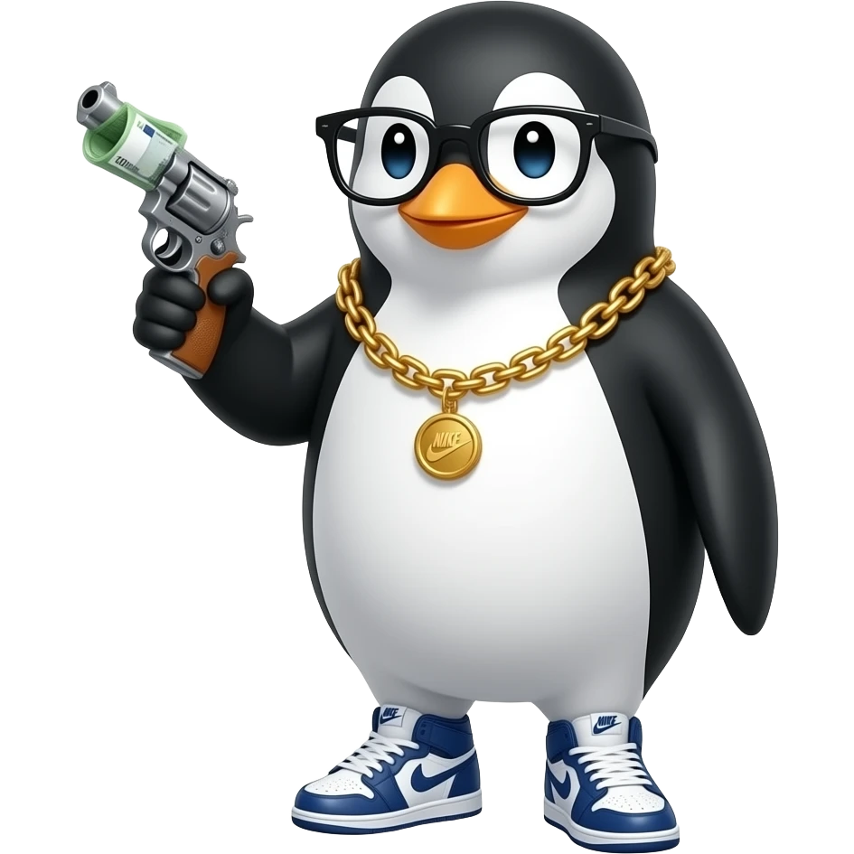 Bana bir gözlük takmış elinde püssürü euro parası olan ve altın zincir takmış nike ayakkıbı giymiş bir penguen emoji yap emoji