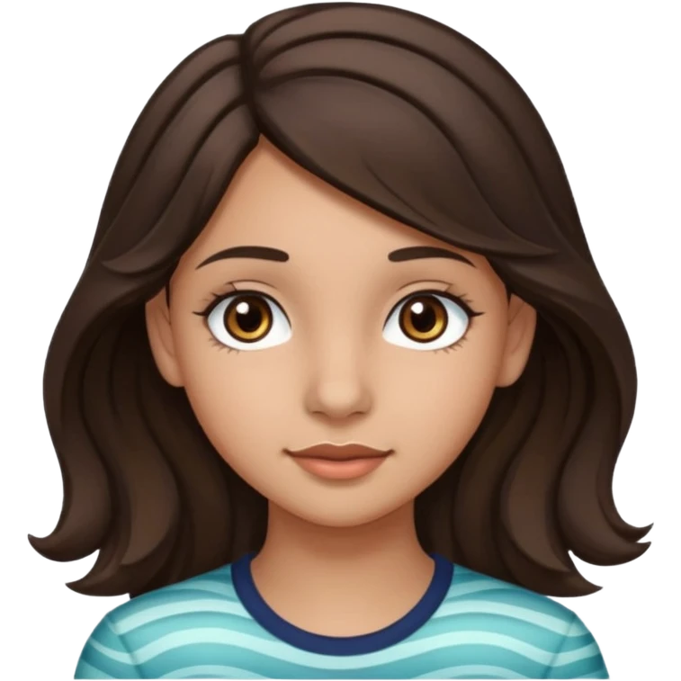 Create a emoji of a girl teen (14 years old) with dark brown hair and a little bit lighter brown in the end of the hair (but mixed) and waves in the hair with MEDIUM FAIR TO OLIVE skin tone, dark brown eyes, perfect nose, long eyelashes emoji