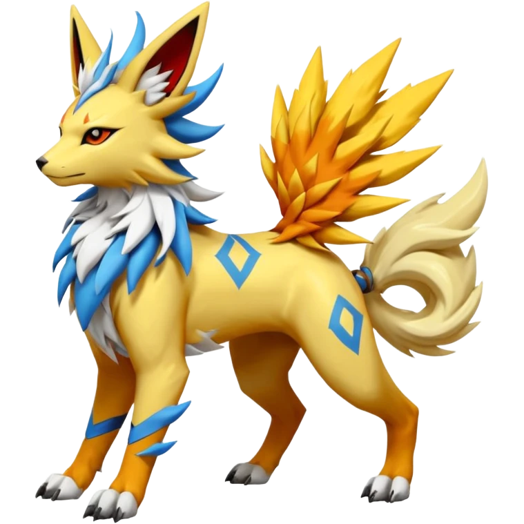 Feral Solgaleo-Jolteon-Cobalion-Renamon-Zeraora-Vernid-fusion-hybrid-creature, full body  emoji