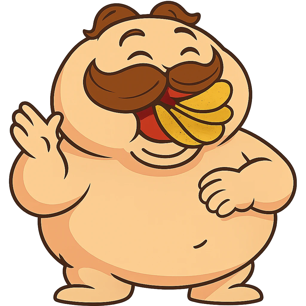 Make the plump cartoon mascot with cheeks full of Pringles even fatter, keeping the joyful cartoon style, no background. emoji