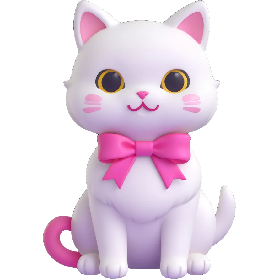 cute white cat with a pink ribbon sitting among tall green grass and white flowers, soft rounded playful appearance, inspired by reference image, 3D emoji style emoji