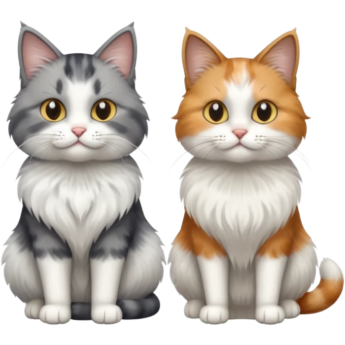 a realistic looking very fluffy grey and white cat sitting next to another cat emoji