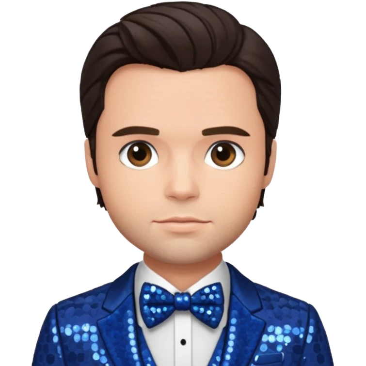 Sebastian Stan with dark brown hair, indigo sequin suit with bow tie emoji