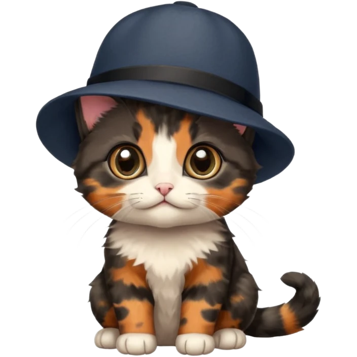 Cute mostly black tortoiseshell kitten wearing a british hat emoji