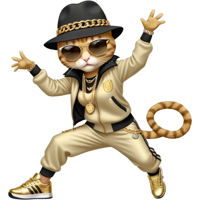 female cat in Run DMC hip-hop outfit with tracksuit, fedora, Adidas sneakers, dark sunglasses, many gold chains and bling accessories, doing a headspin break dance move emoji