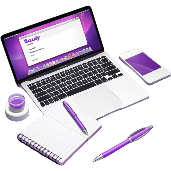 top view of a MacBook and a notebook with a pen nearby, notebook with visible notes, MacBook screen showing a beauty salon logo on a purple background emoji