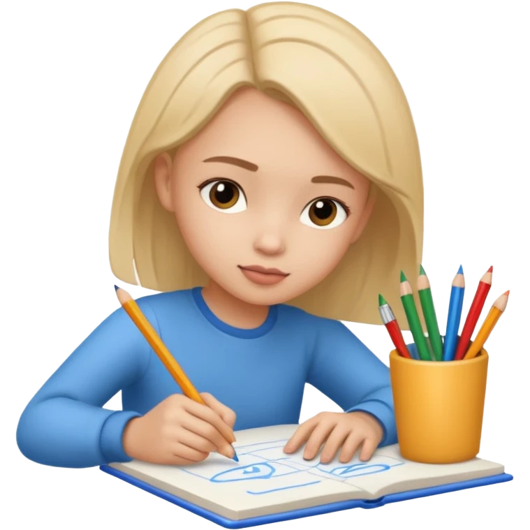 Girl drawing boy character on notebook emoji
