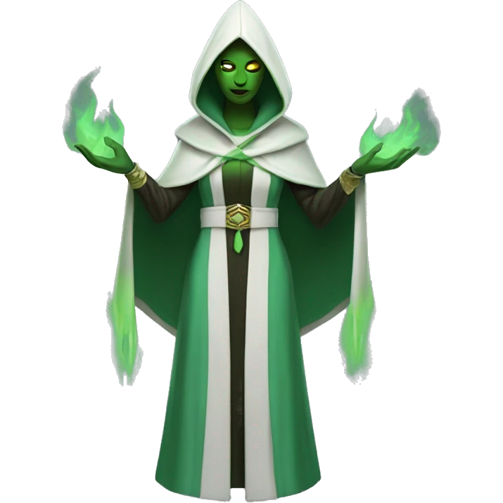 female hooded ritual leader presenting green flame with hex BDFF6D. make robes matching emoji