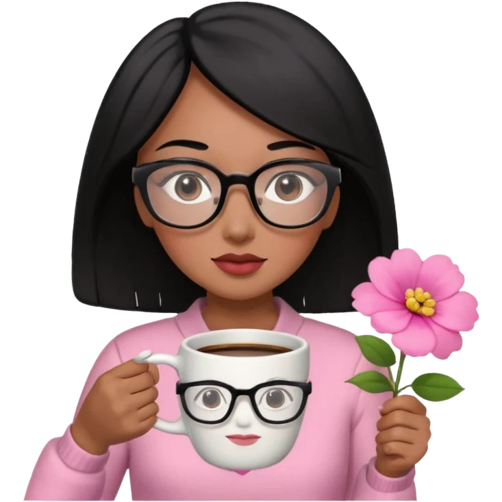 Chica de pelo negro ojos negros y piel morena con lentes oversize square GAFAS DE LEER BIEN GRANDES , en la mano derecha una taza de cafe en color rosa con una flor negra de diseno. Sentada mirando un drama koreano en la television.  emoji