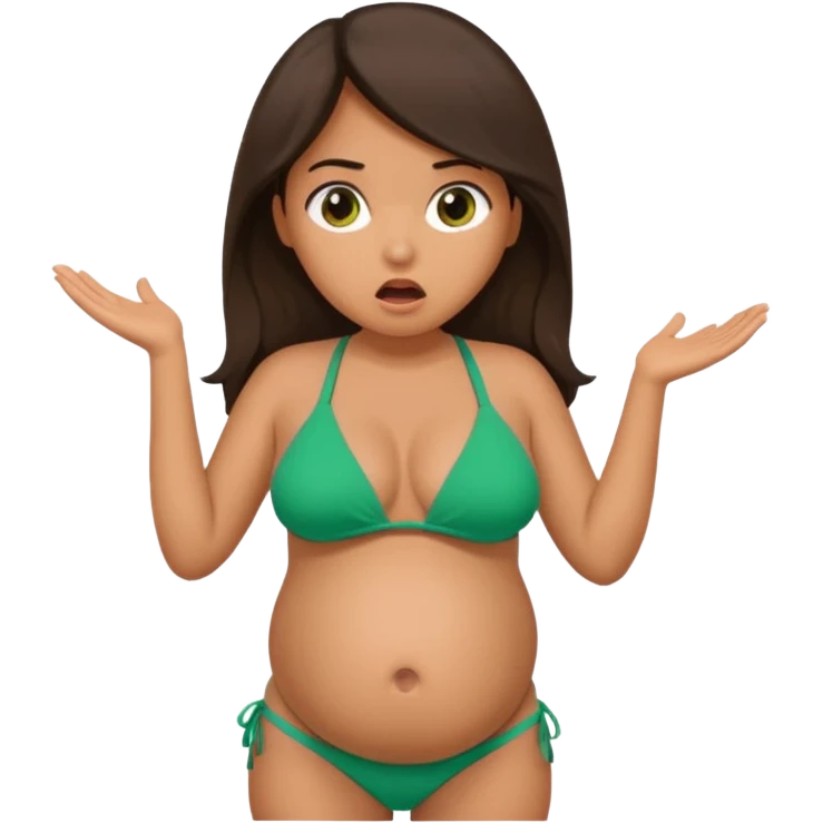 Latina girl, tan skin, pregnant, green bikini, shocked face. emoji