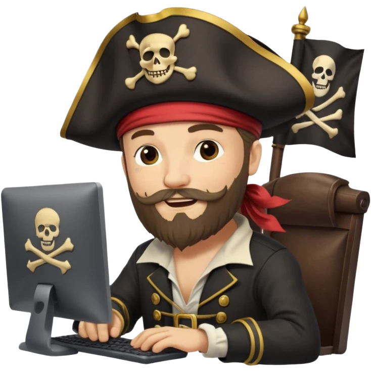 pirate captain with a beard, coding on a desktop computer, pirate flag with code symbol, cheerful and creative emoji