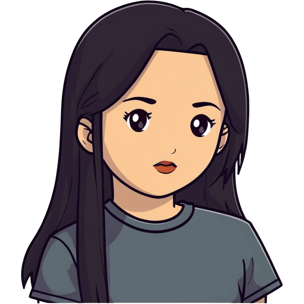 white girl, black long straight hair, brown eyes, dark eyebrows, small lips, black t-shirt emoji