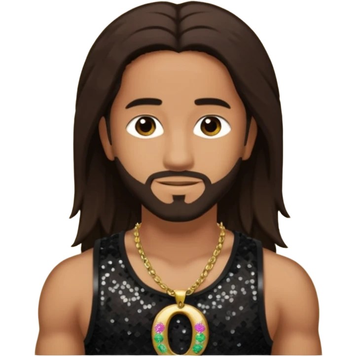 Omarion with long dark brown hair, dark brown sequin tank top, necklace with letter o emoji