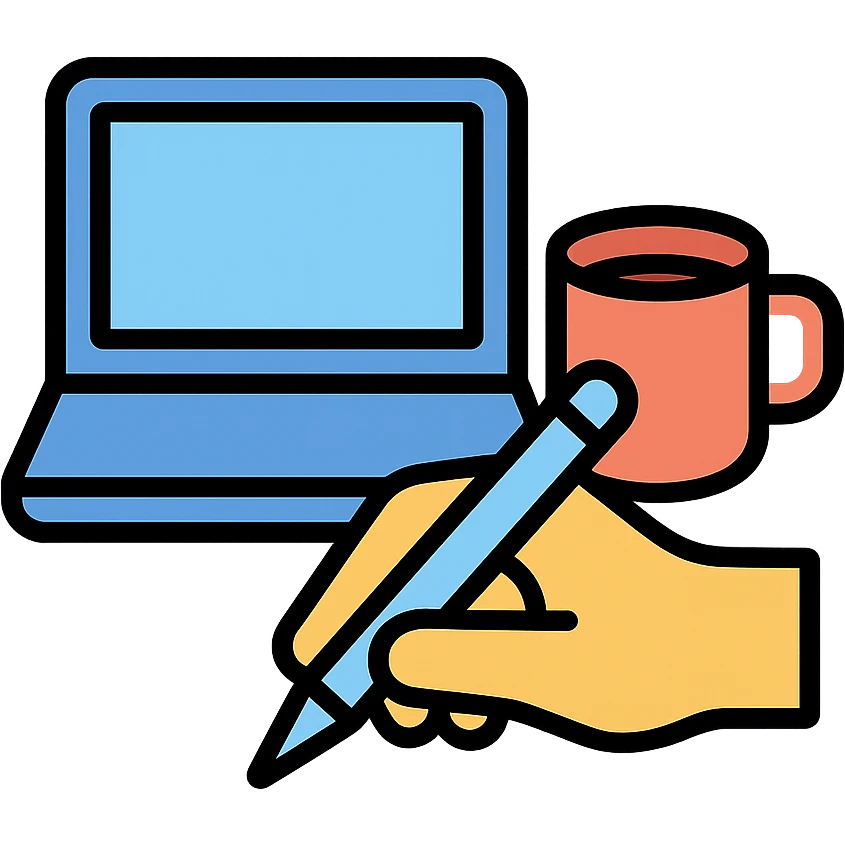 Minimalist flat icon style of a MacBook, coffee mug, and a hand writing, with soft colors and simple shapes. emoji