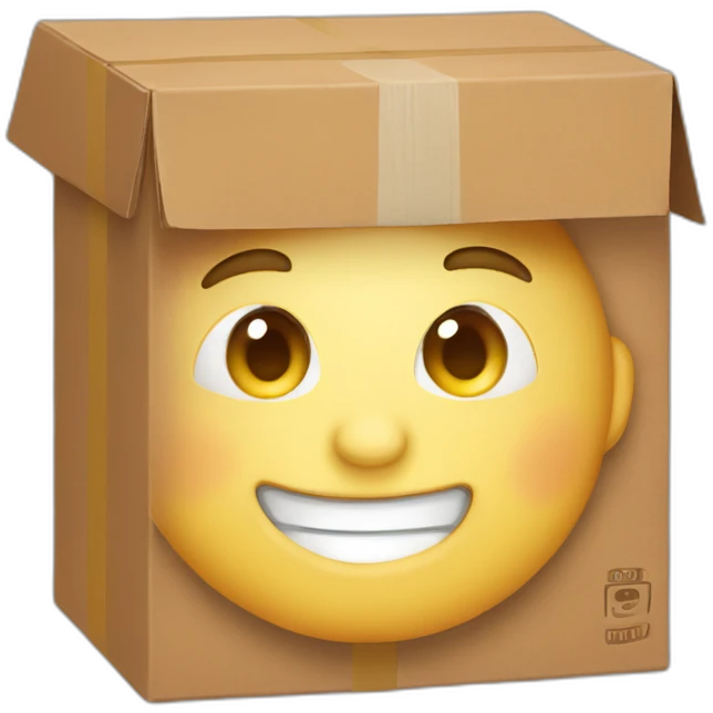 Boy Wearing a box as hat while looking down with a smile and double chin emoji