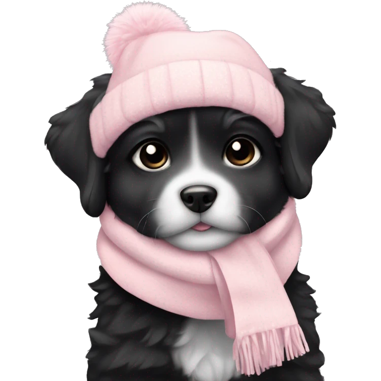 fluffy chubby black puppy with pale pink winter hat pale pink scarf emoji