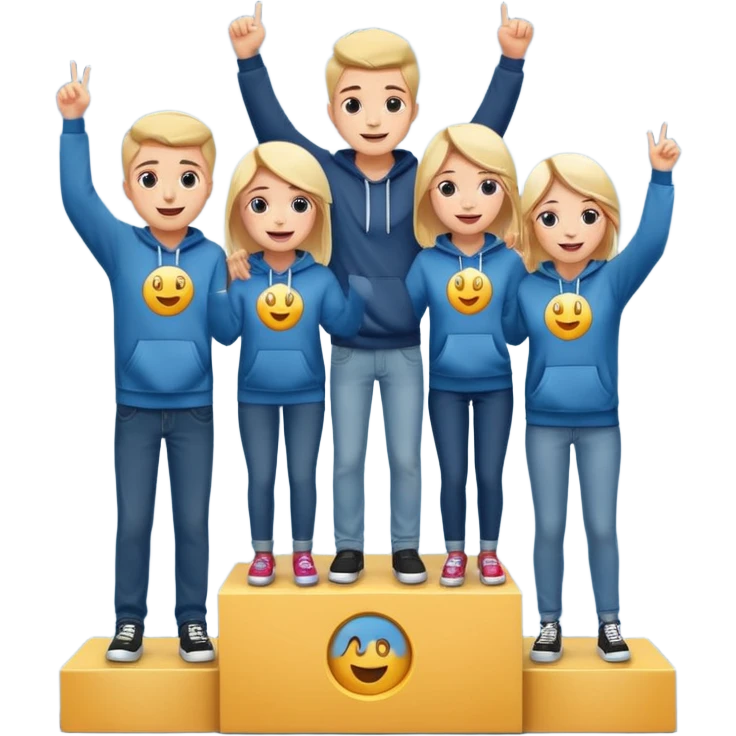 three excited and expressive people standing on a winners’ podium with the middle podium position elevated, casually dressed in fun clothing like jeans, t-shirts, and hoodies, emoji style emoji