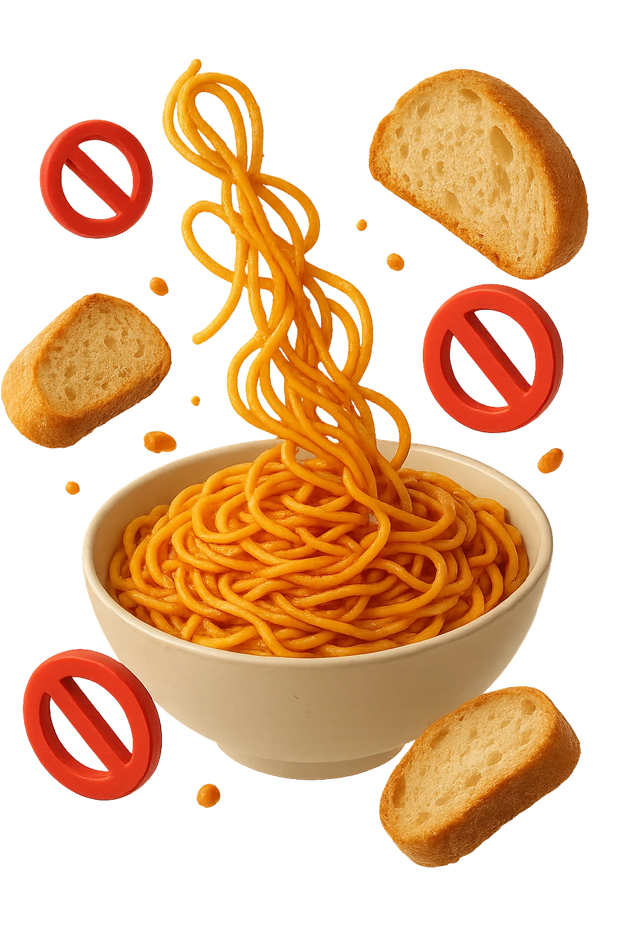bowl di pasta e fettine di pane che fluttuano in aria con piccoli divieti 3d, sfondo bianco, iperrealistico 4k emoji