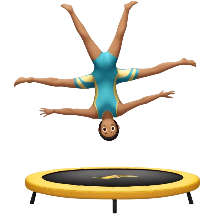 An athletic person soaring high above a trampoline, executing an acrobatic flip with perfect form. The scene captures motion and energy, with a dynamic pose, stretched limbs, and a focused expression. The background suggests a professional trampoline arena with safety padding. emoji