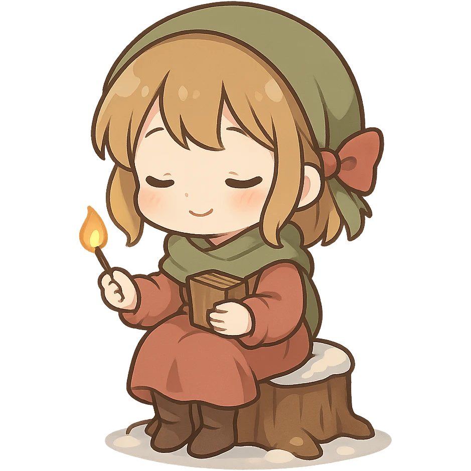 一个可爱的卖火柴的小女孩坐在一个矮树桩上 emoji