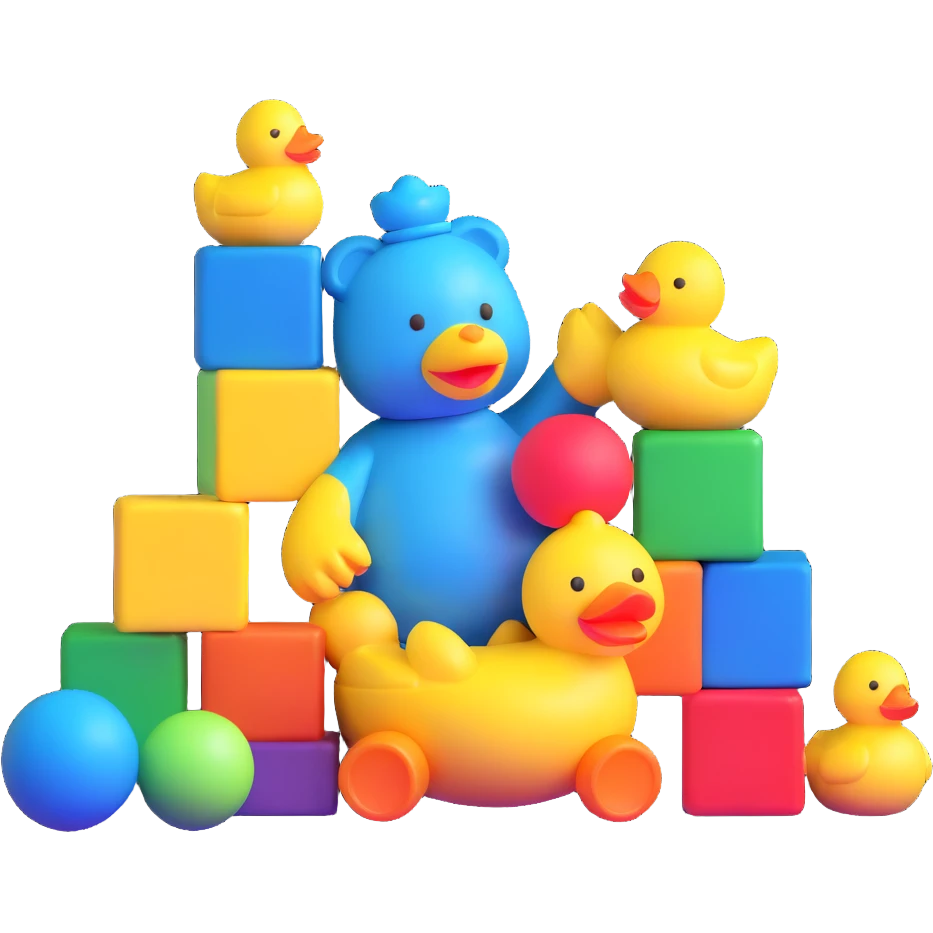 bright playful toys scattered - blue teddy bear, yellow rubber duck, colorful building blocks, rainbow ball, cartoon action figure emoji