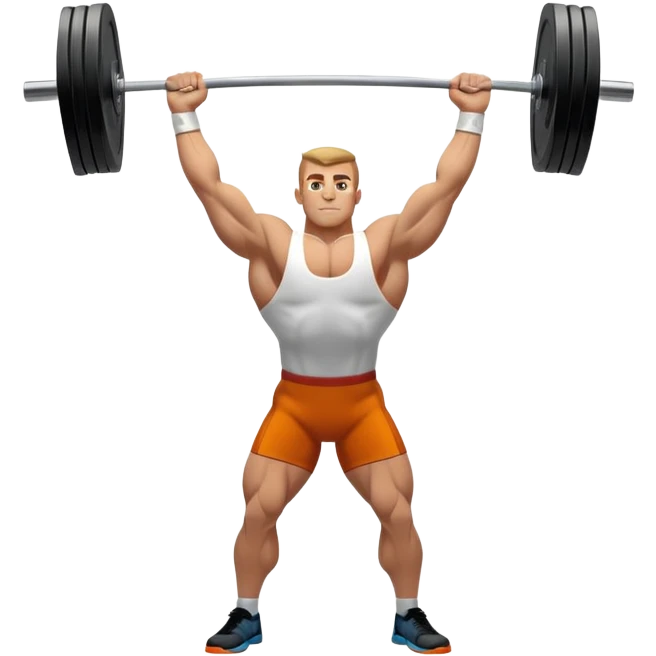 Emblem representing weightlifting with a strong athlete in a classic lifting stance, holding a barbell overhead. Dynamic, powerful pose with a focus on strength. Clean lines, bold silhouette, and transparent background, symbolizing the intensity and discipline of the sport emoji