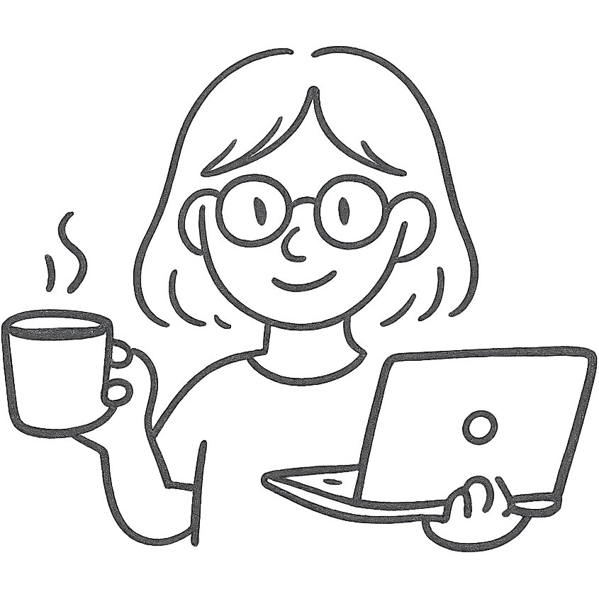 A girl with blonde hair and blue hair wearing glasses holds a laptop and a glass of coffee emoji