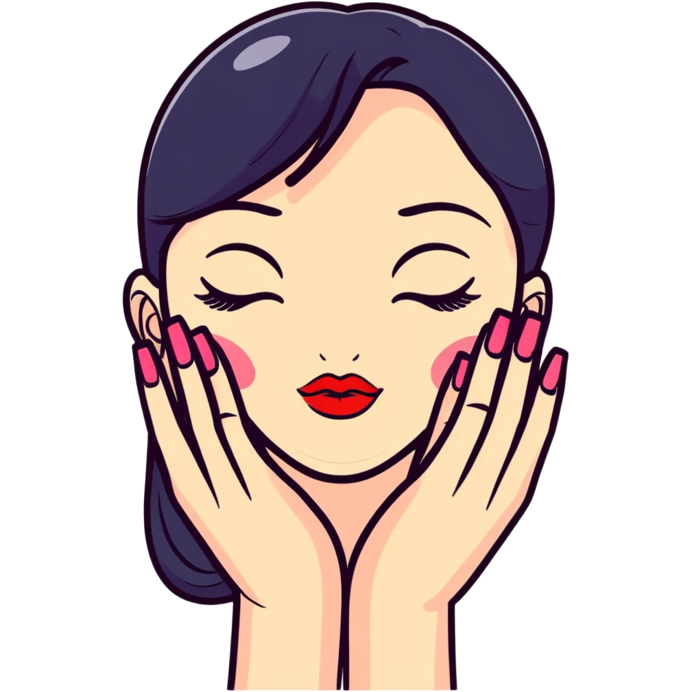 A cute face with closed eyes that form upward curved lines, eyelashes, pursed lips with lipstick, and a hand gesture with only the thumb out while other fingers are closed, all nails painted emoji