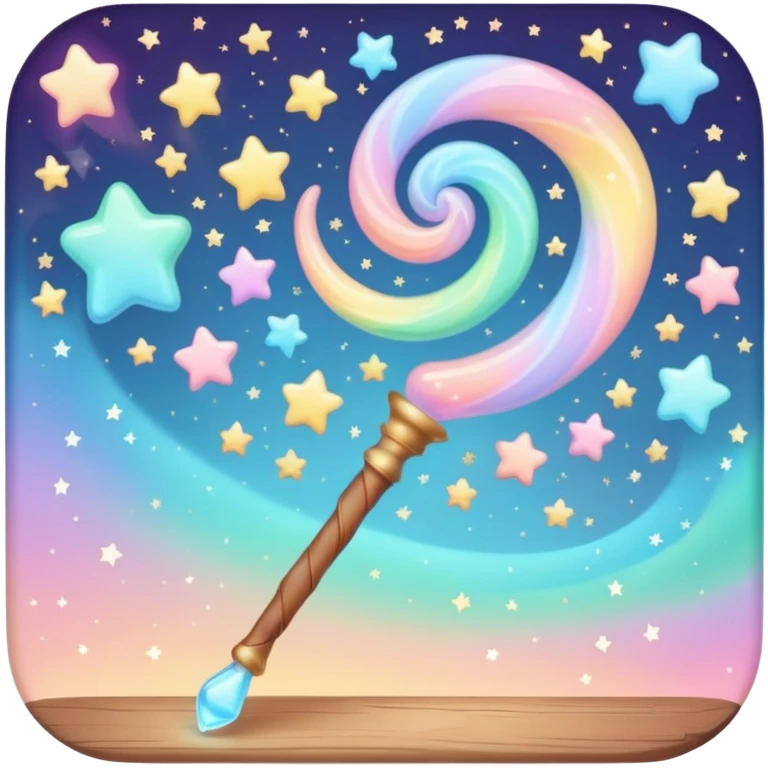 Cinematic cute magical wand, pastel swirls of color, tiny twinkling stars floating around, glowing softly, chubby rounded edges, whimsical and dreamy. emoji