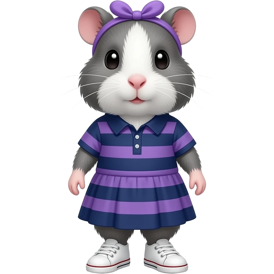 all gray guinea pig in navy and purple stripe polo dress and white sneakers and purple hairband emoji