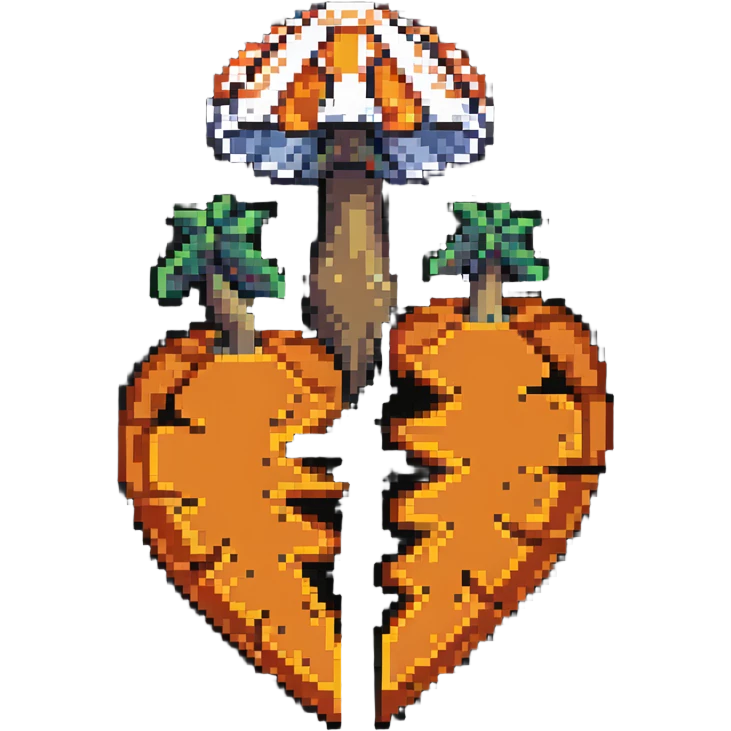 heart split in half with a mushroom motif on one side and a pumpkin motif on the other, pixel art style emoji