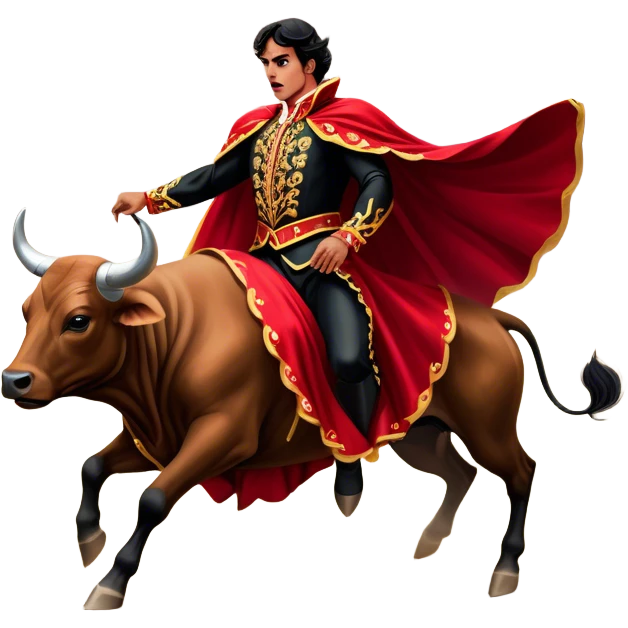 ​Cinematic Realistic Spanish Matador in Action, depicted in an ornate traje de luces with a flowing red cape, captured in the dramatic moment of confronting a charging bull in a traditional bullring, rendered with dynamic motion and dramatic lighting that encapsulates the intensity and artistry of the spectacle, emoji