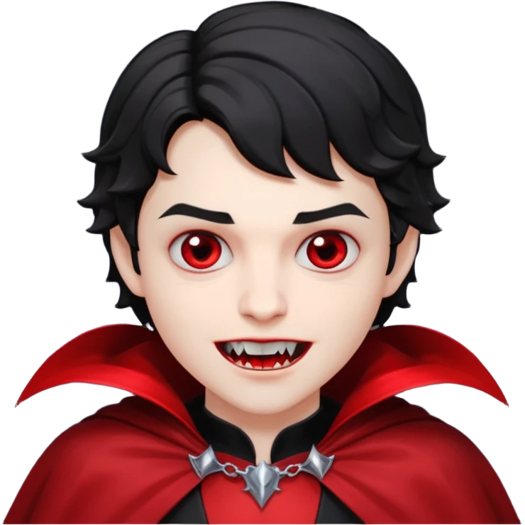 Pale skin, short black wavy hair, red and black cape. A traditional vampire look. emoji