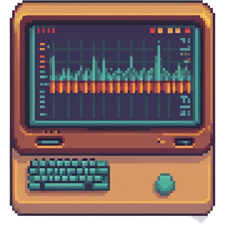 dashboard with pixel art style graphs and charts, retro computer vibe emoji
