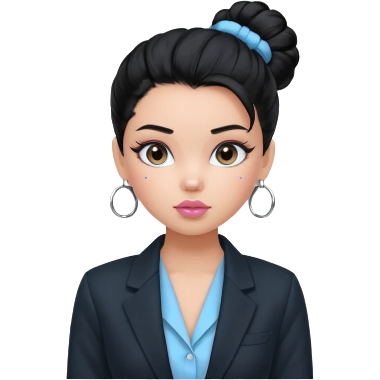 generate a pretty bratz girl with black hair tied up in a bun. wearing a light blue full sleeve shirt and a black blazer over it. silver small hoops, pink lipgloss.  emoji